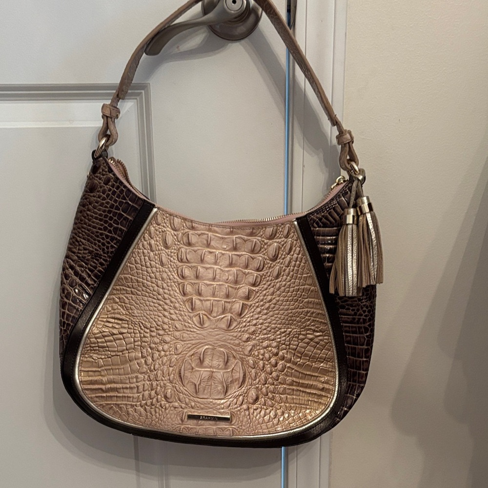 Brahmin Brown and Tan Crocodile Embossed Hobo Bag